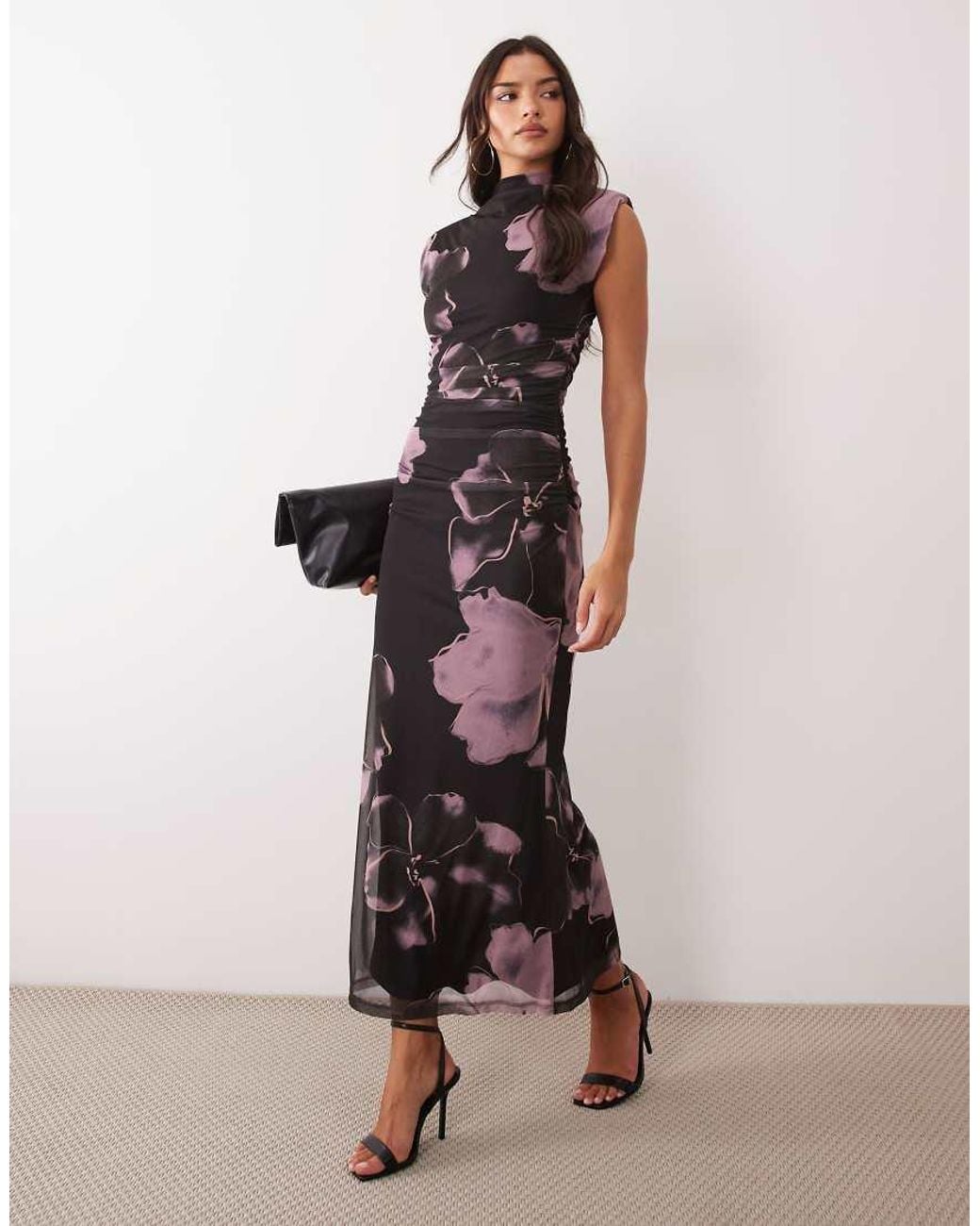 ASOS Natural Printed Mesh High Neck Detail Maxi Dress With Shoulder Pads