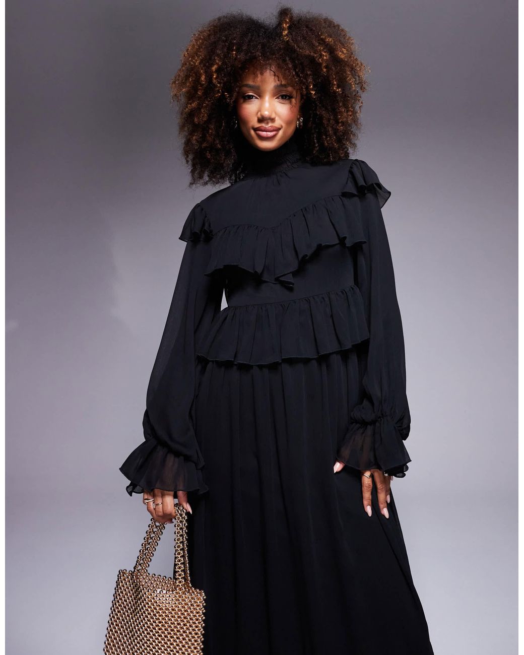 DASKA High Neck Chiffon Ruffle Maxi Dress in Black