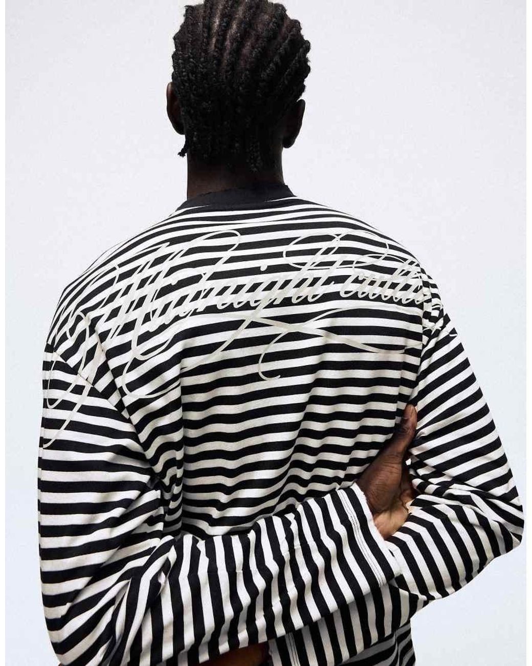 Bershka White Stripe Print Long-Sleeved T-Shirt for men