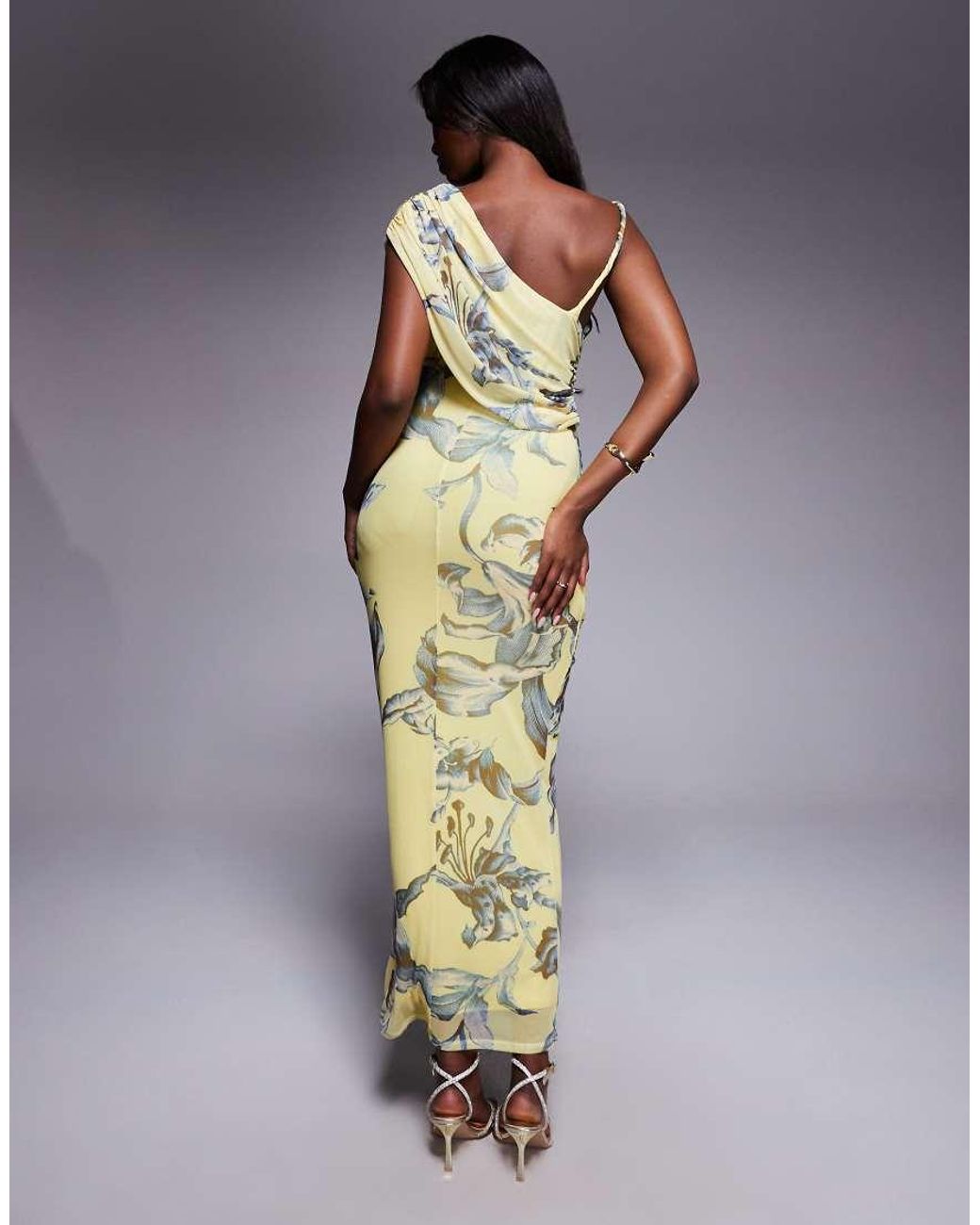 ASOS Blue Printed Mesh One Shoulder Ruched Maxi Dress