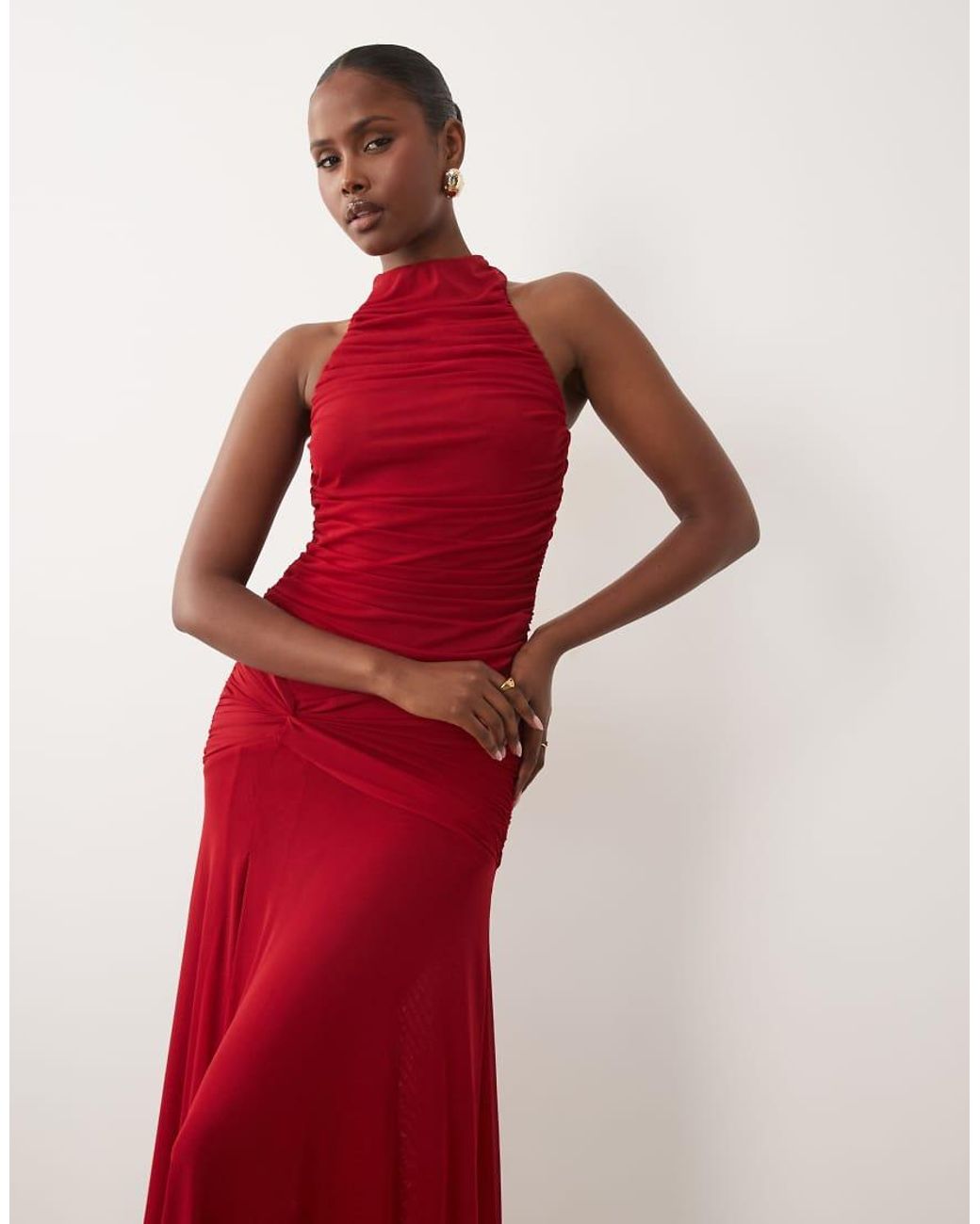 Bardot Red Mesh High Neck Ruched Side Thigh Split Maxi Dress
