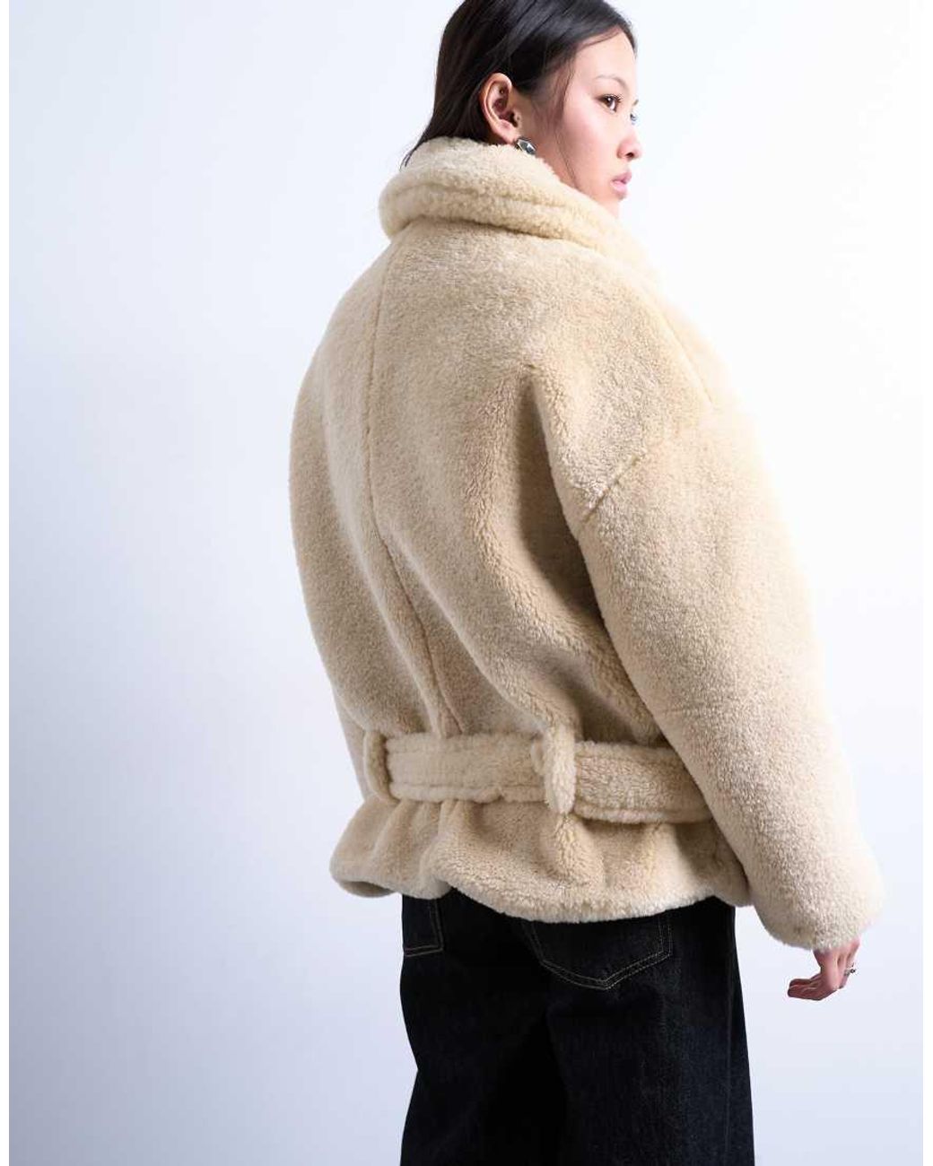 TOPSHOP Natural Teddy Belted Short Car Coat