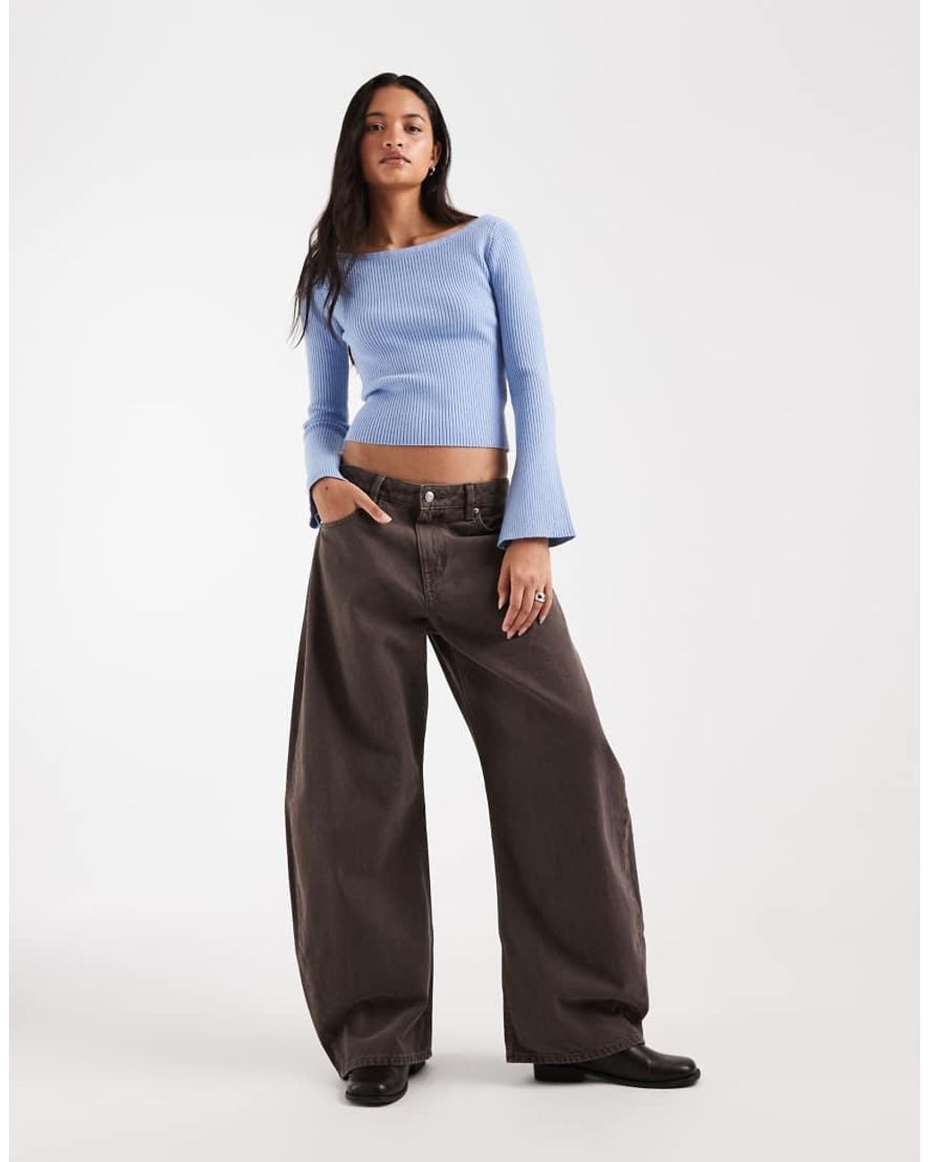 Hollister Blue Knitted Slash Neck Jumper With Bell Sleeves