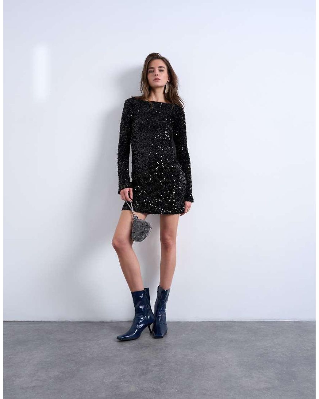TOPSHOP White Long Sleeve Cowl Back Sequin Velvet Mini Dress