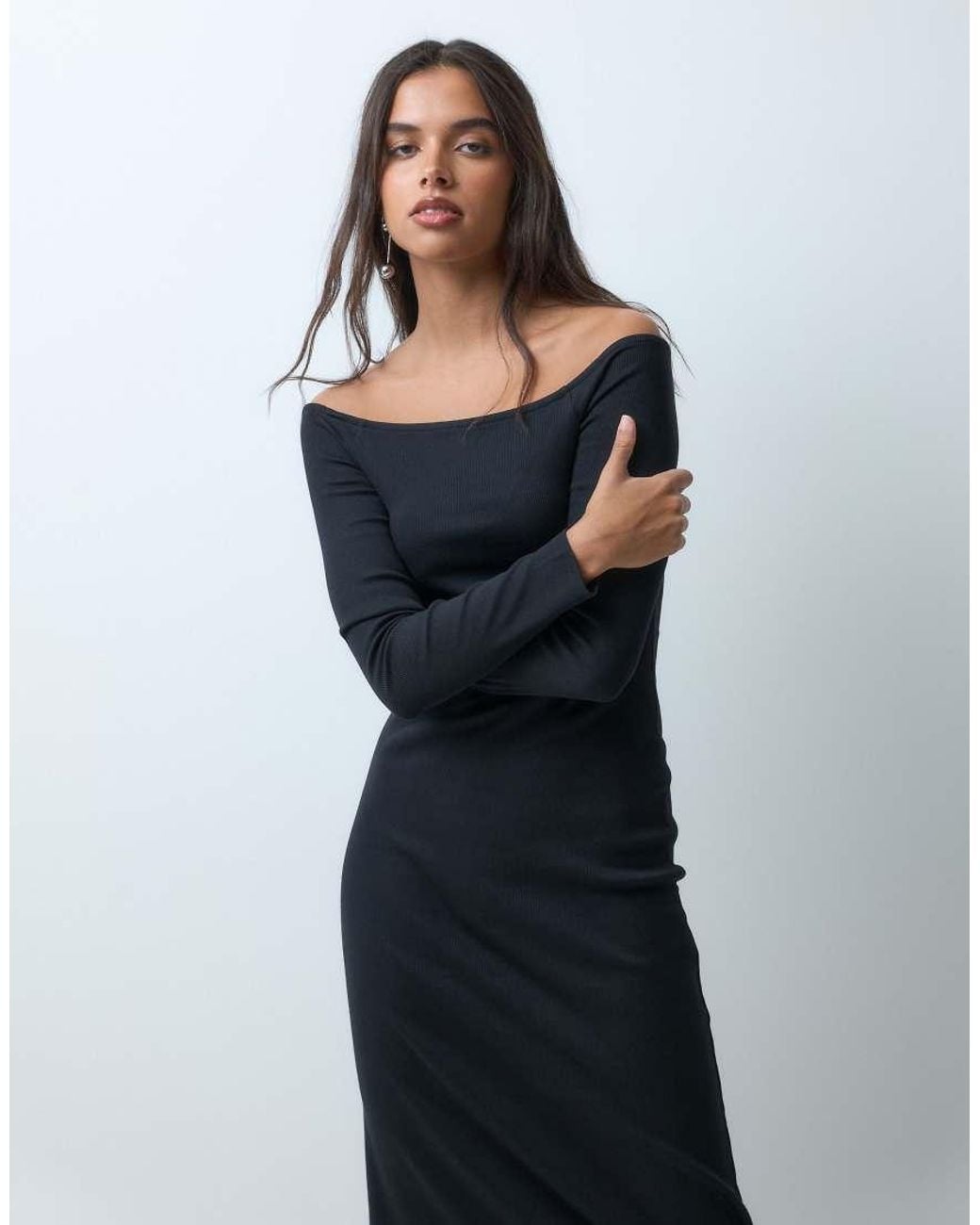 ASOS Blue Off Shoulder Rib Midi Dress