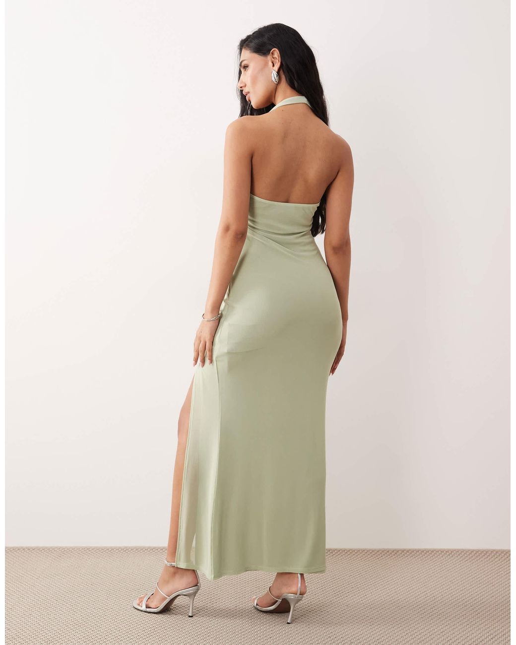 sage green satin dress backless long – Elegant slit dress Knee length dresses Lauren Color:Light Green size-3x-22-24