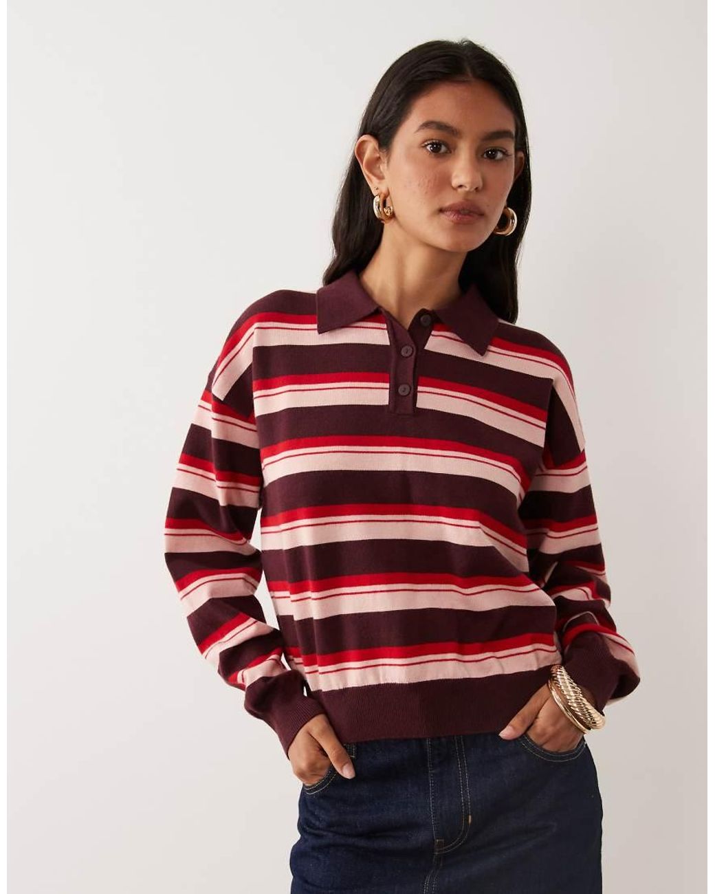 Cotton On Red Boxy Long Sleeve Polo Knit Top