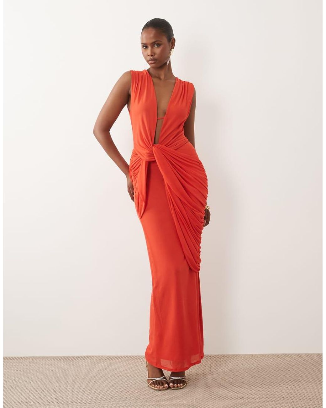 ASOS Red Plunge Neck Gather Detail Mesh Maxi Dress