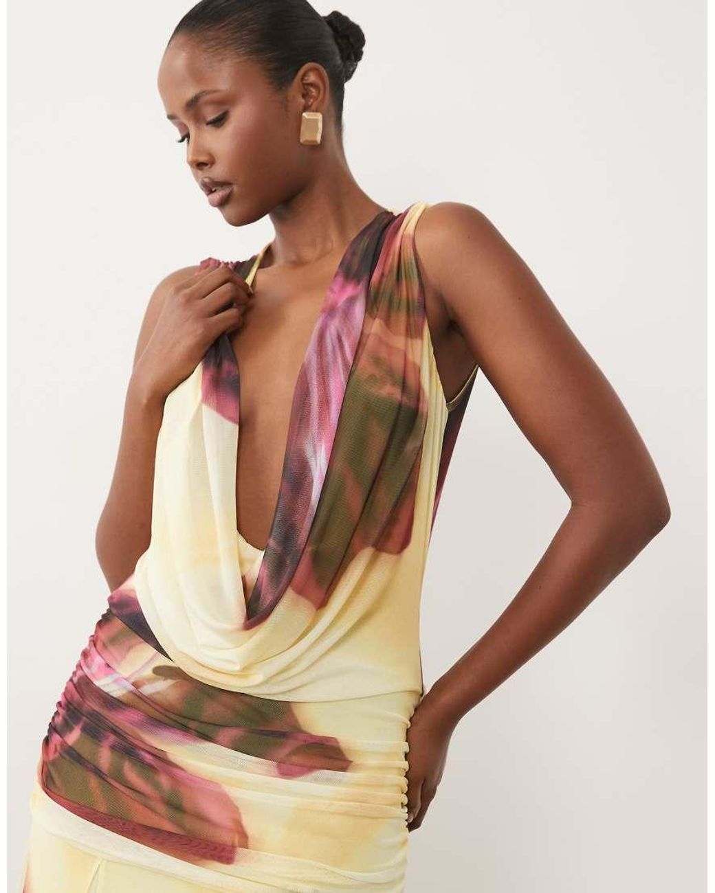 ASOS Multicolor Printed Mesh Deep Plunge Mesh Maxi Dress Over Sized Floral