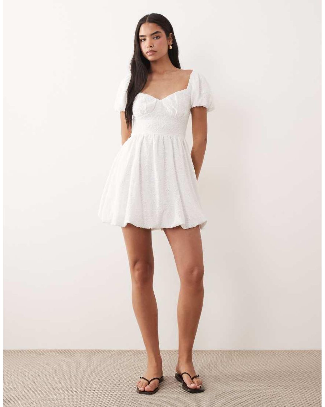 Gina Tricot Natural Puff Short Sleeve Flower Embroidered Mini Dress