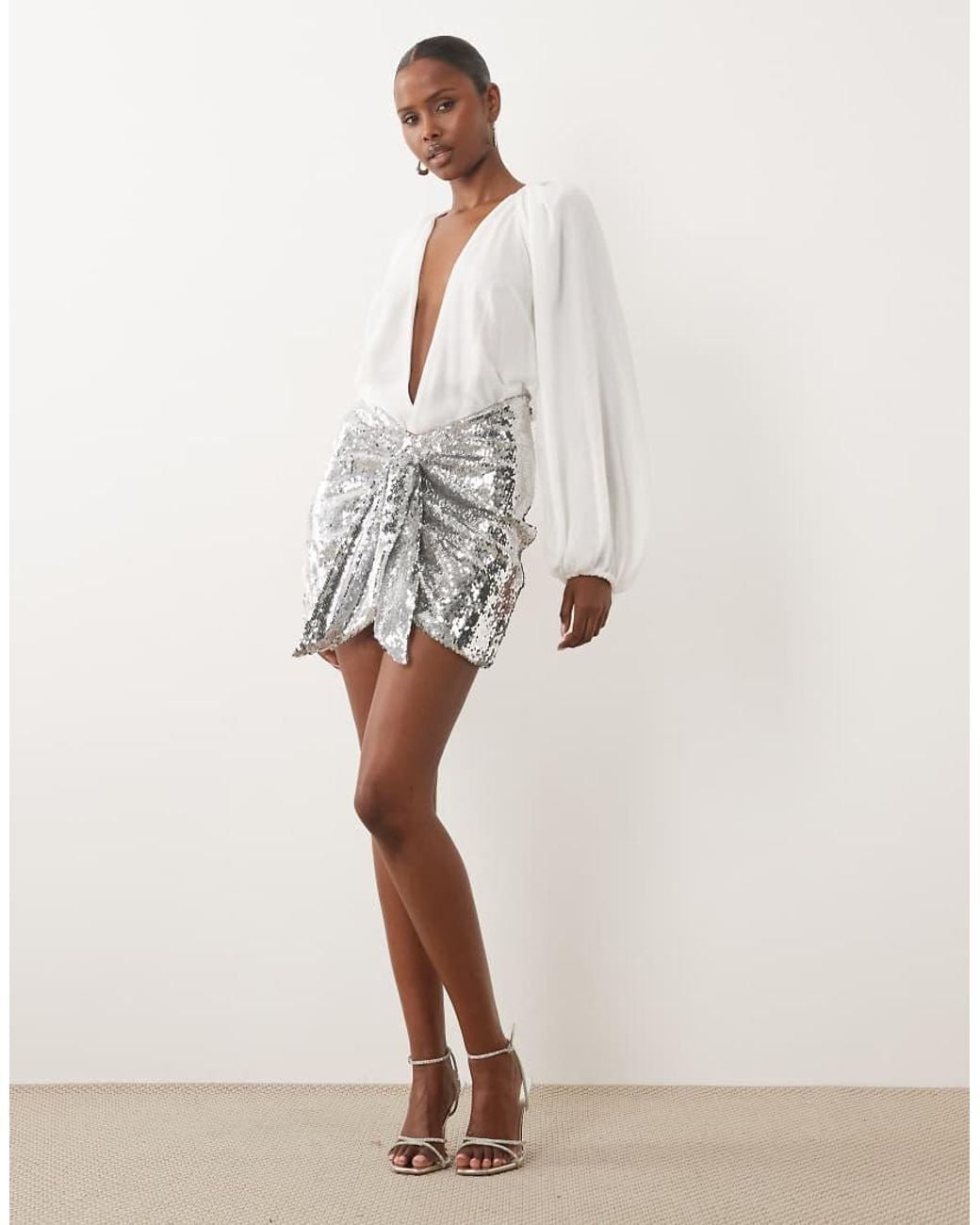 The Dolls House Natural Beaudelle Premium Knot Detail Sequined Mini Skirt