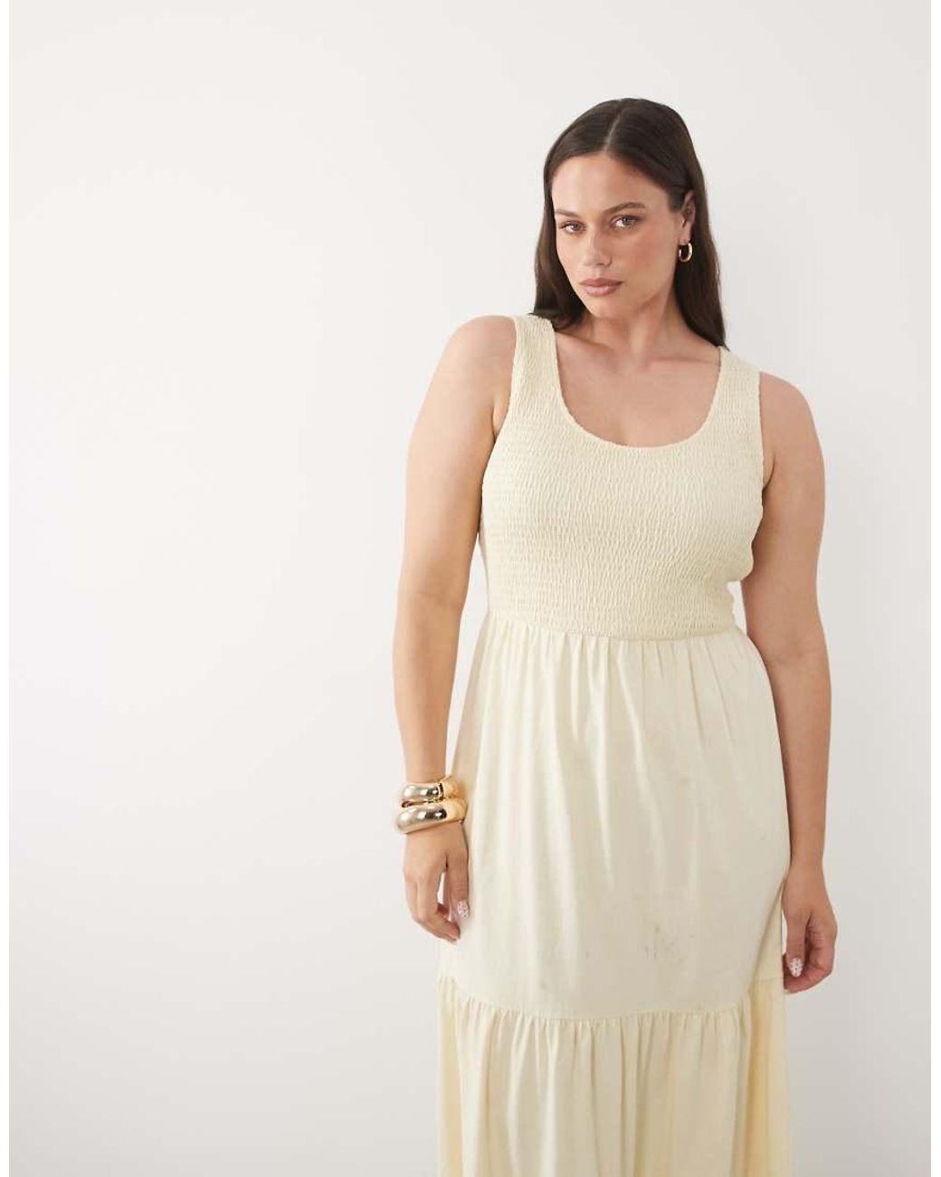 Brave Soul Natural Brave Soul Curve Scoop Neck Shirred Bodice Dress With Tiered Skirt