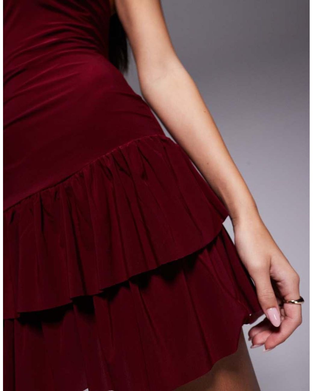 Fashionkilla Purple Exclusive Double Sculpted Slinky Bandeau Drop Waist Ruffle Hem Mini Dress