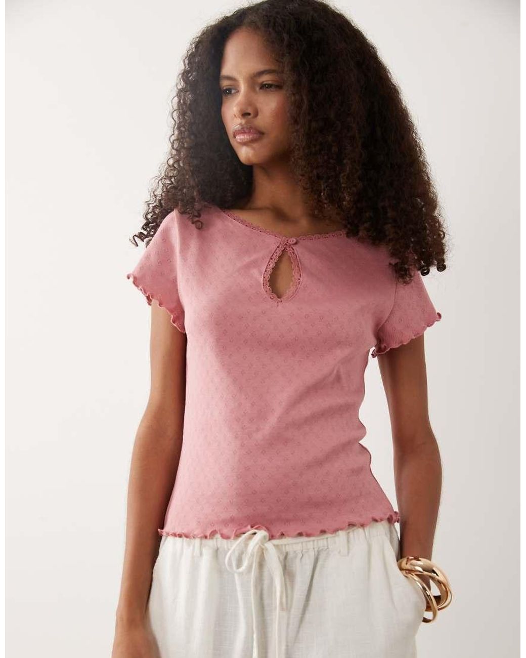 Miss Selfridge Red Short Sleeve Pointelle Keyhole Top