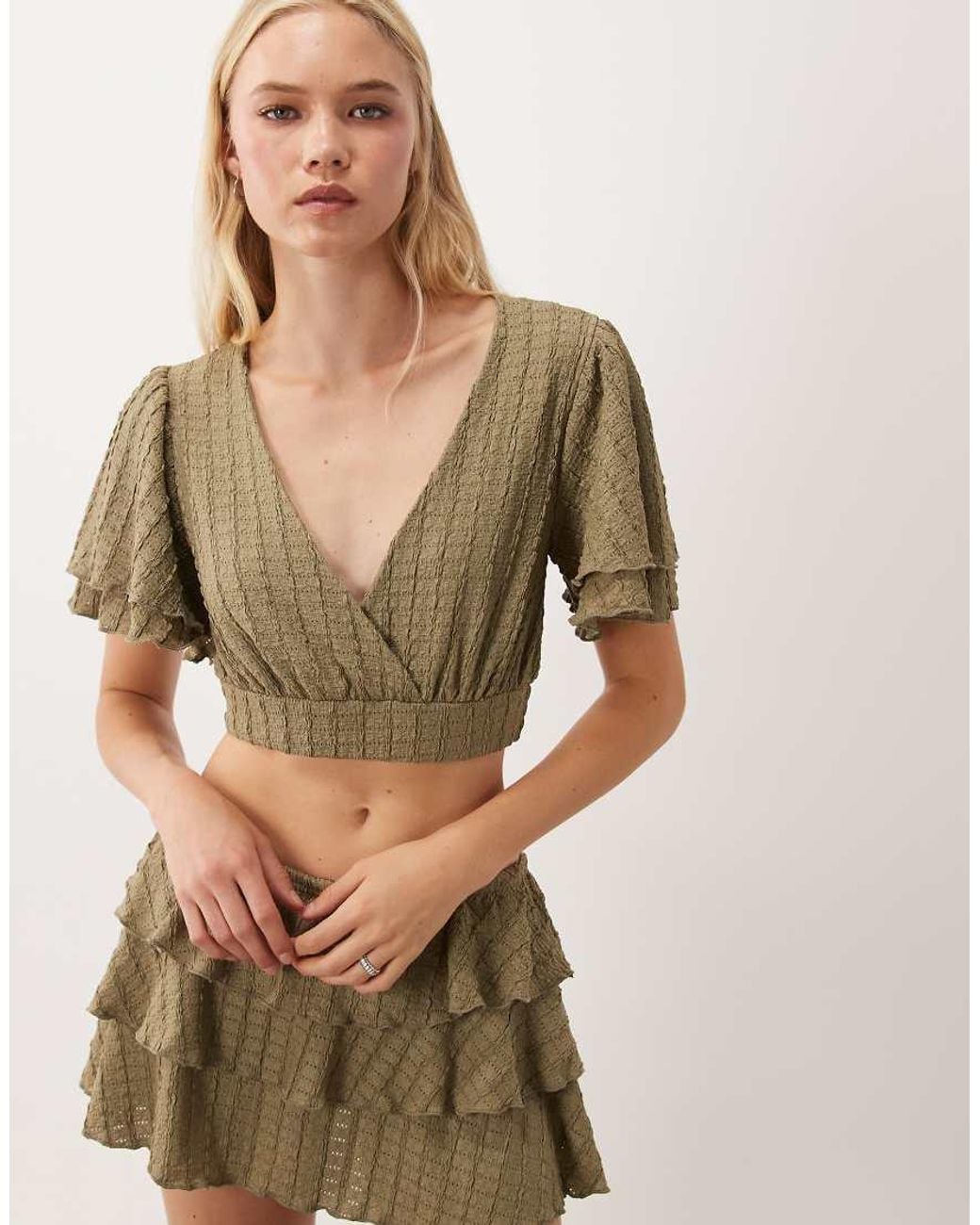 Miss Selfridge Brown Textured Wrap Frill Sleeve Top Co-Ord