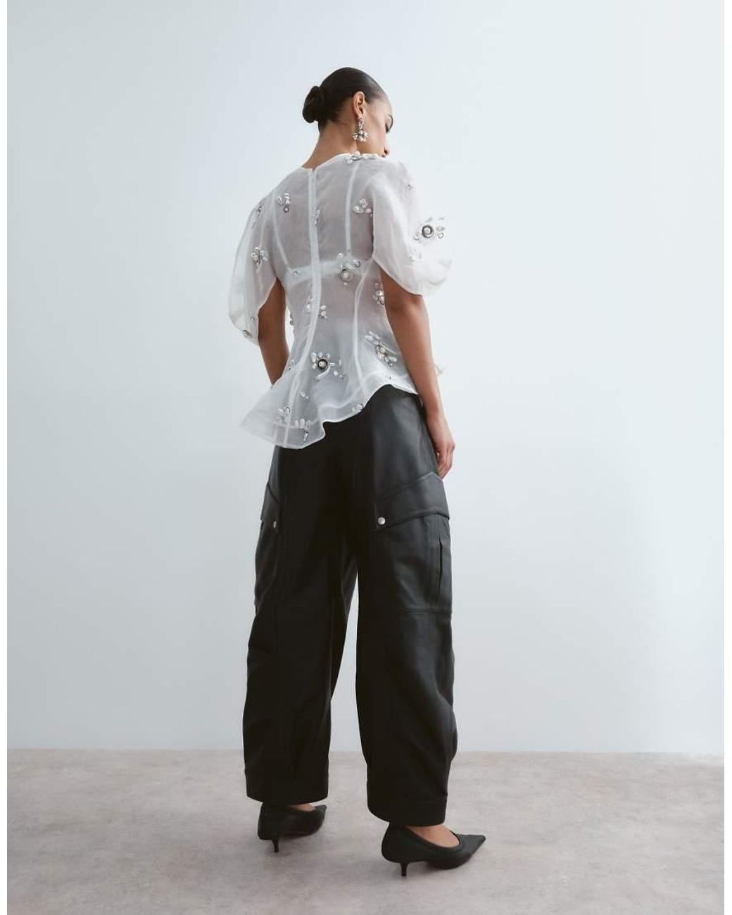 ARRANGE White Leni Premium Leather Barrel Leg Cargo Pants