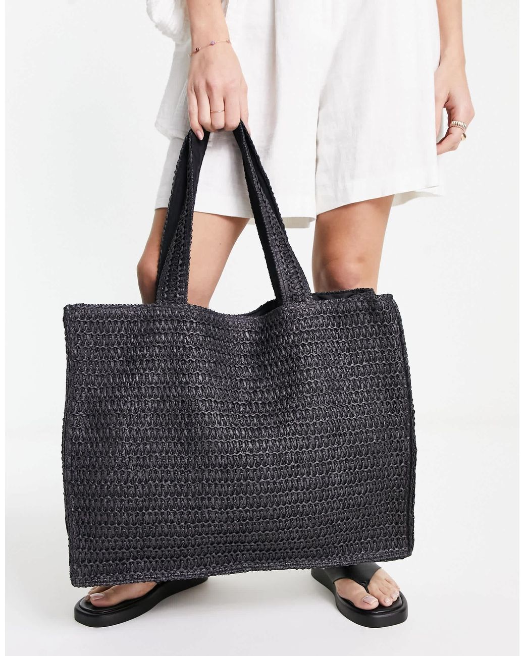 South Beach Straw Woven Shoulder Beach Tote Bag in Black Lyst