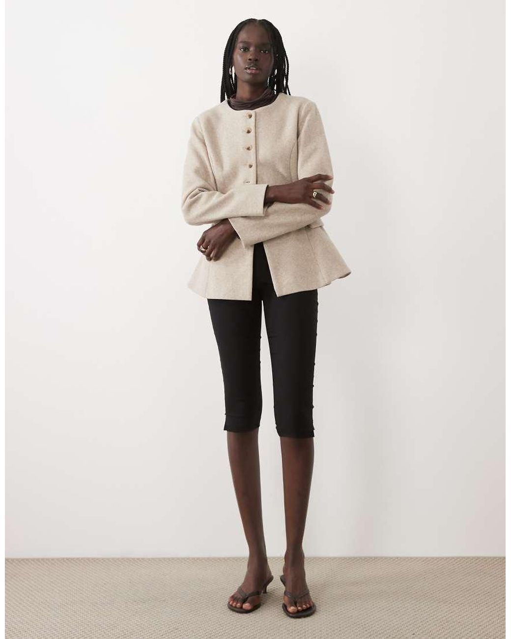 Vila Natural Waist Detail Collarless Fitted Jacket