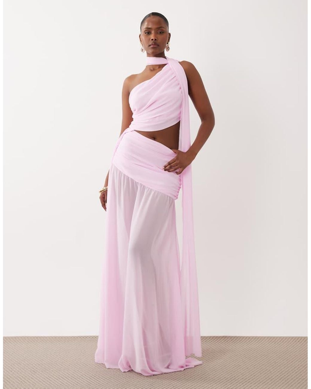 Aria Cove Pink Chiffon Drape Detail Cut Out Side Sheer Hem Wrap Scarf Detail Maxi Dress