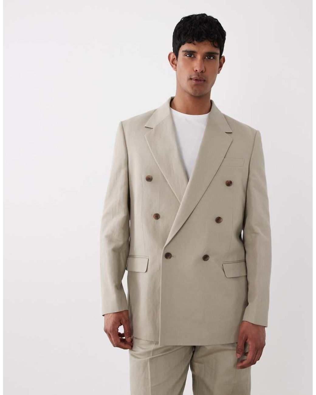 ASOS Natural Relaxed Double Breasted Linen Rich Suit Jacket for men
