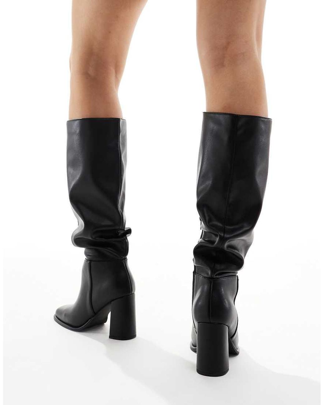 London Rebel White maggie Slouchy Block Heel Boots