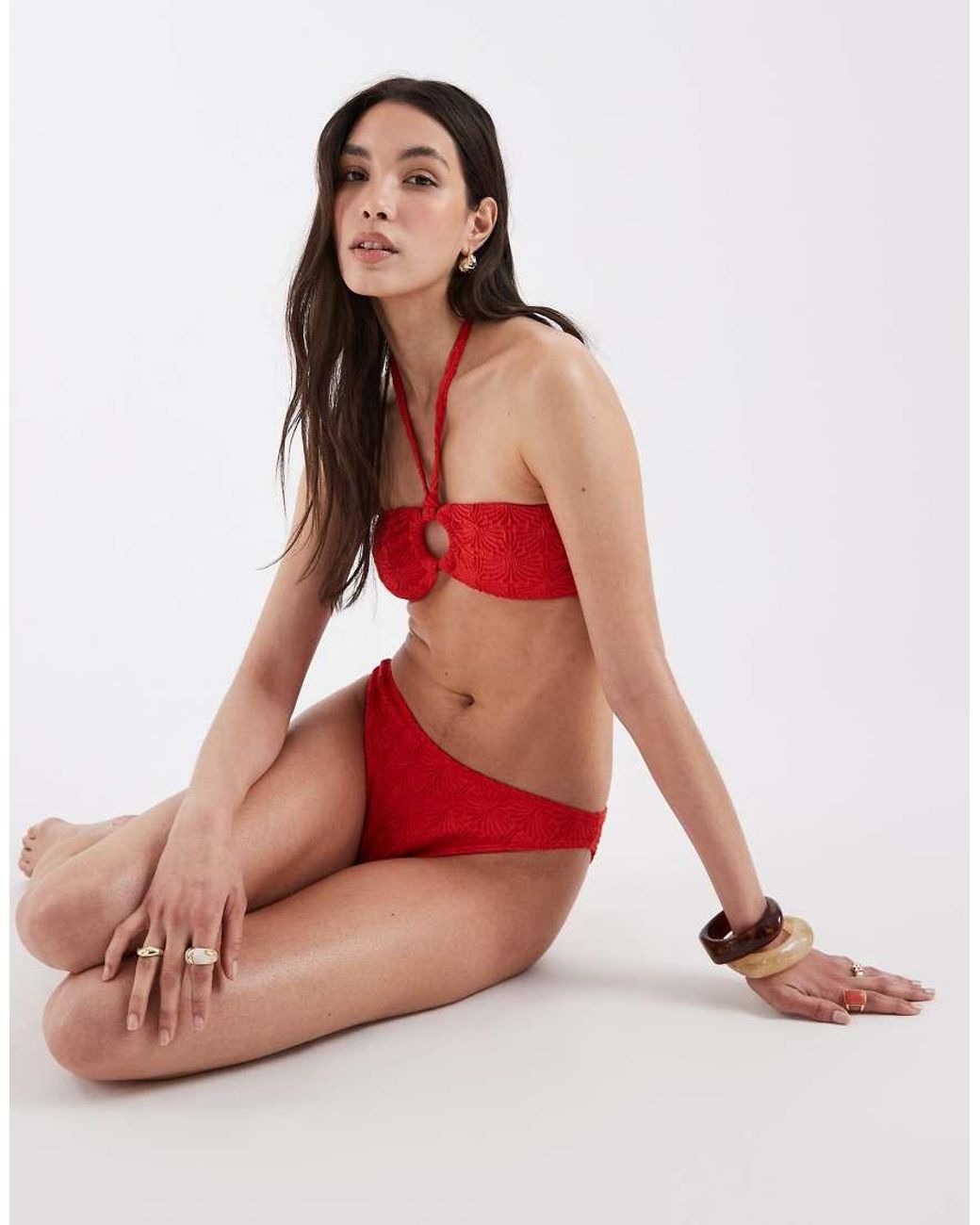 New Look Red Textu Bandeau Bikini Top