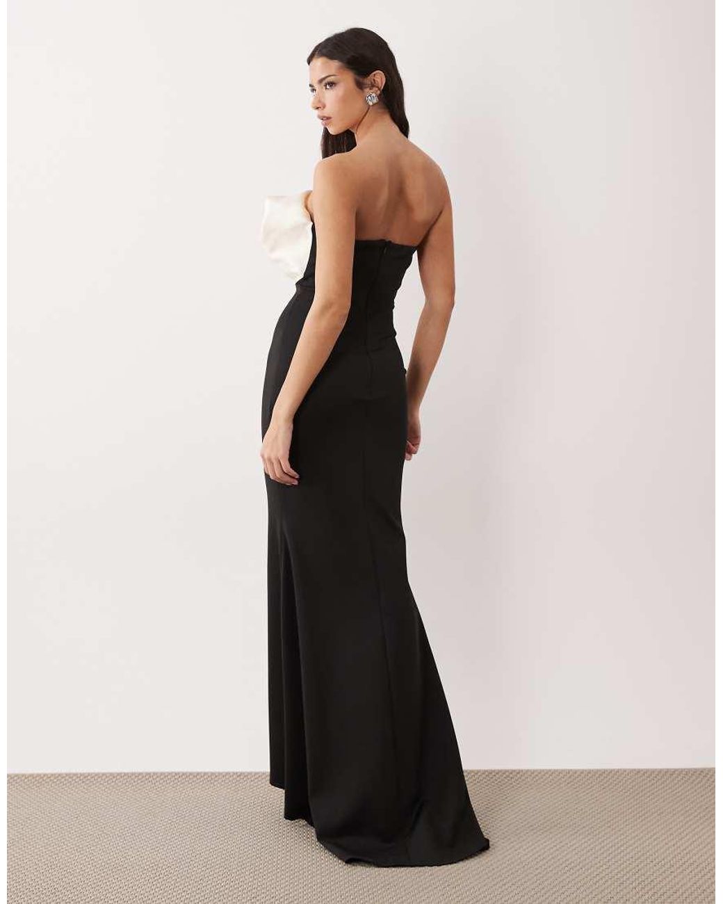 ASOS White Premium Bandeau Crepe Fishtail Maxi Dress With Contrast Satin Corsage