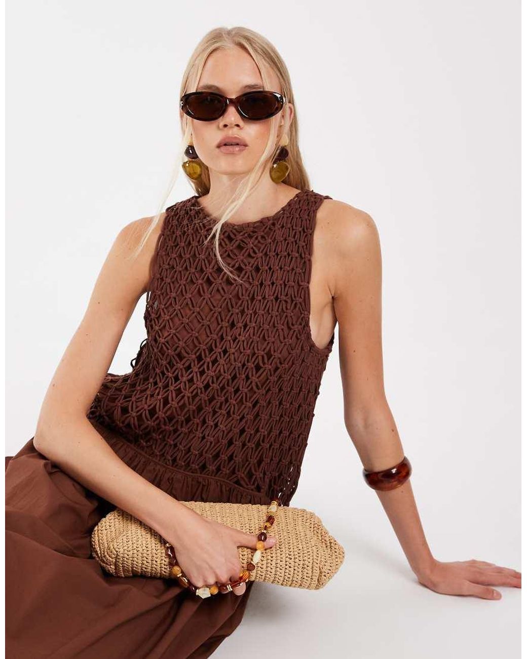 ASOS Brown Macrame Dropped Waist Maxi Dress With Poplin Skirt