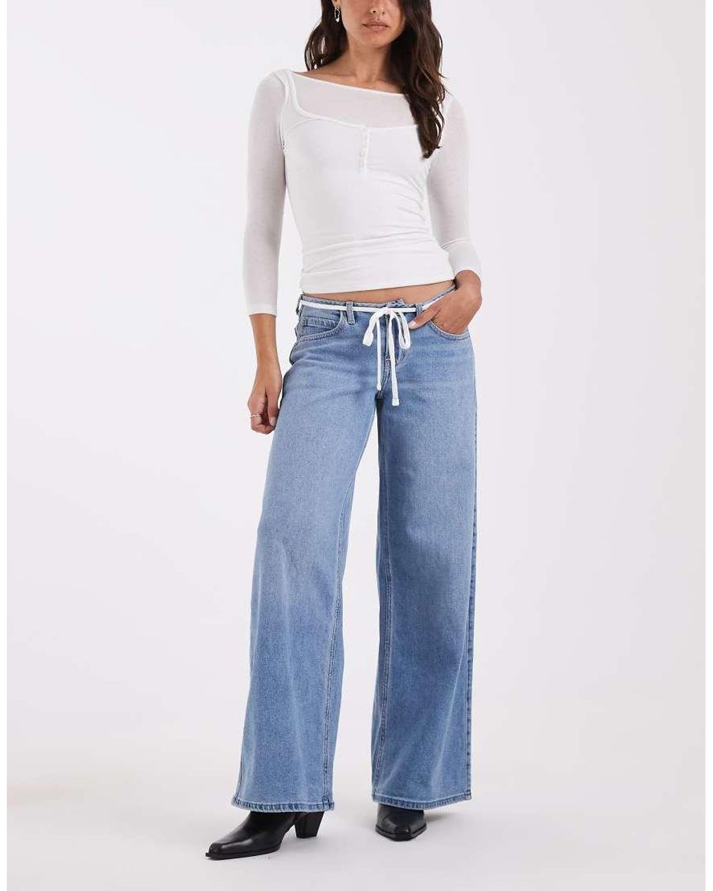 Hollister Blue Low Rise baggy Jeans With Tie Up Waist Detail