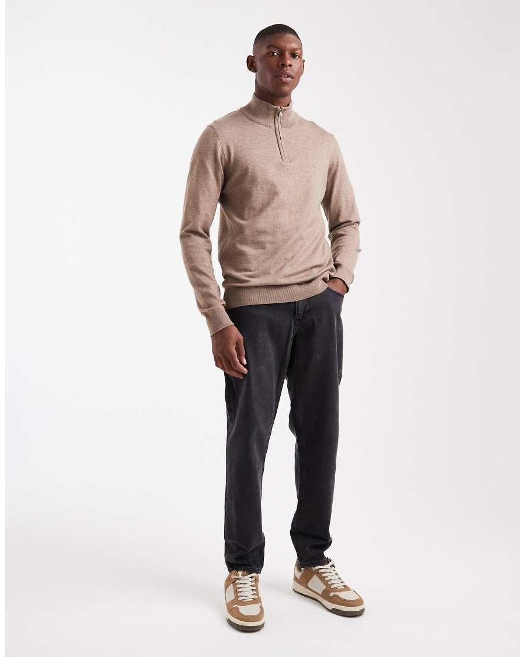 Threadbare Natural 1/4 Zip Knitted Jumper for men