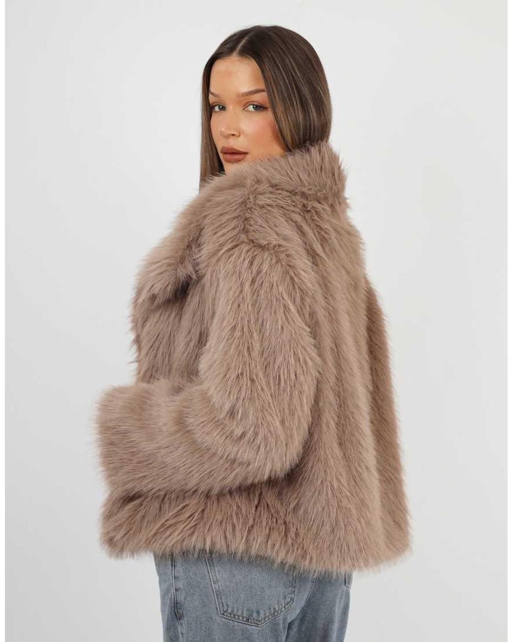 SIMMI Brown Arabella Oversized Collar Faux Fur Coat