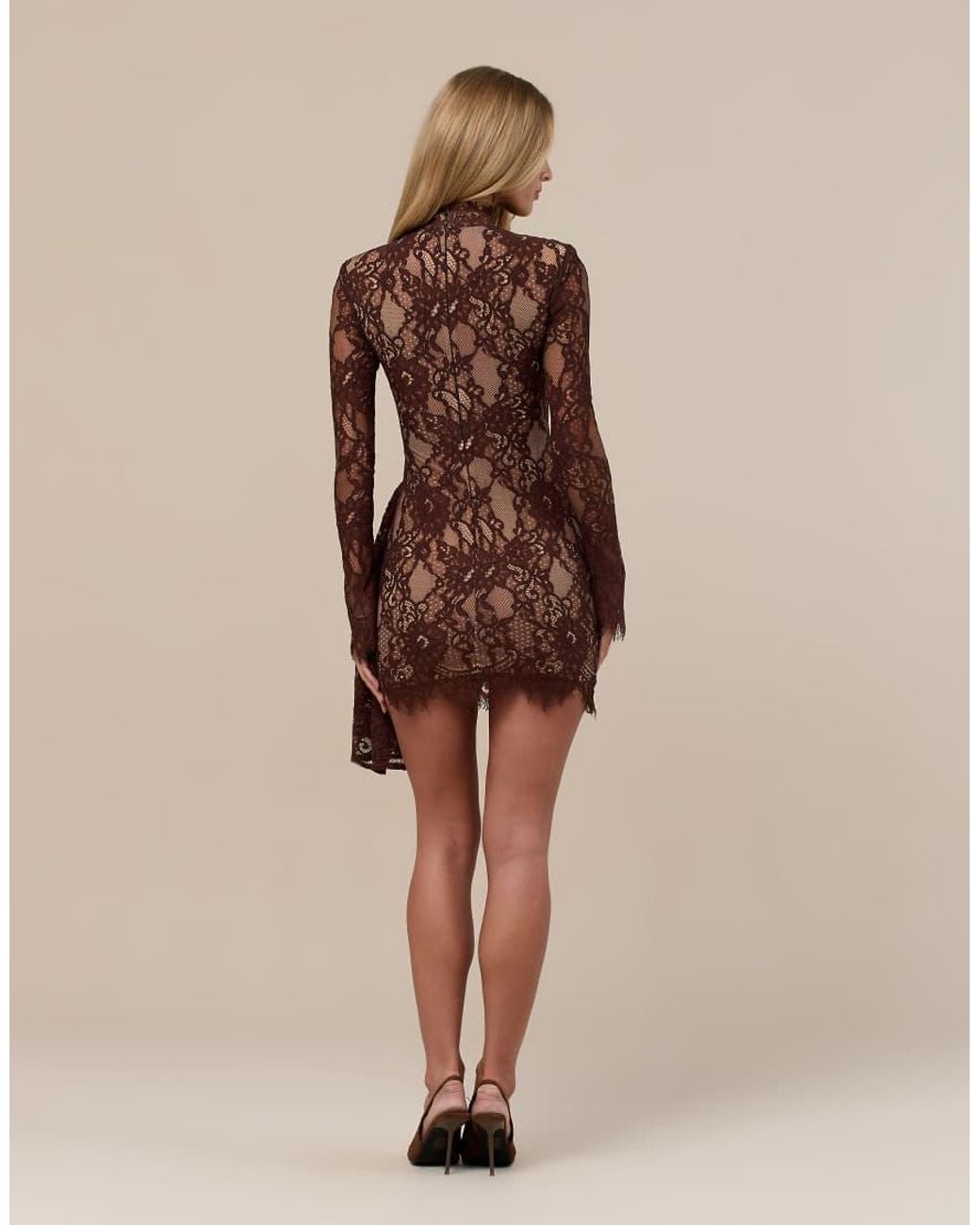 Wanderdoll Natural Cece Lace High Neck Drape Waist Detail Mini Dress