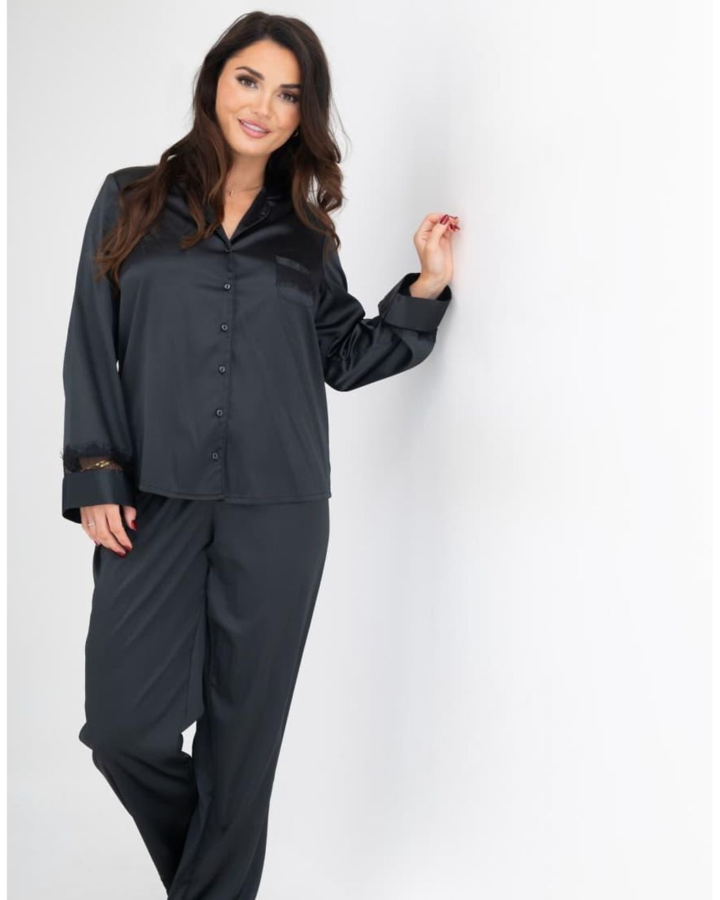 Pour Moi Blue Dusk Satin And Lace Revere Collar Pyjama Set