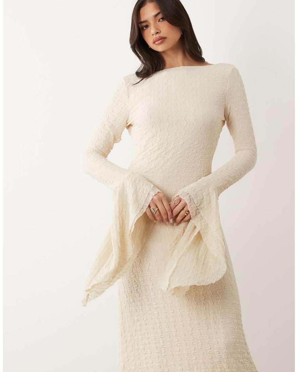 ASOS Natural Textured Mesh Slash Neck Maxi Dress With Extreme Ruffle Sleeve