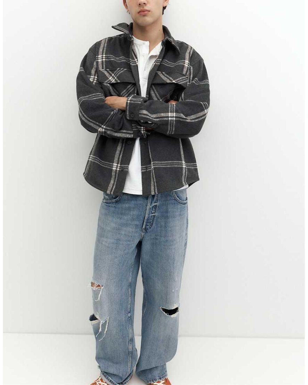 Pull&Bear Gray Checked Long Sleeve Overshirt for men