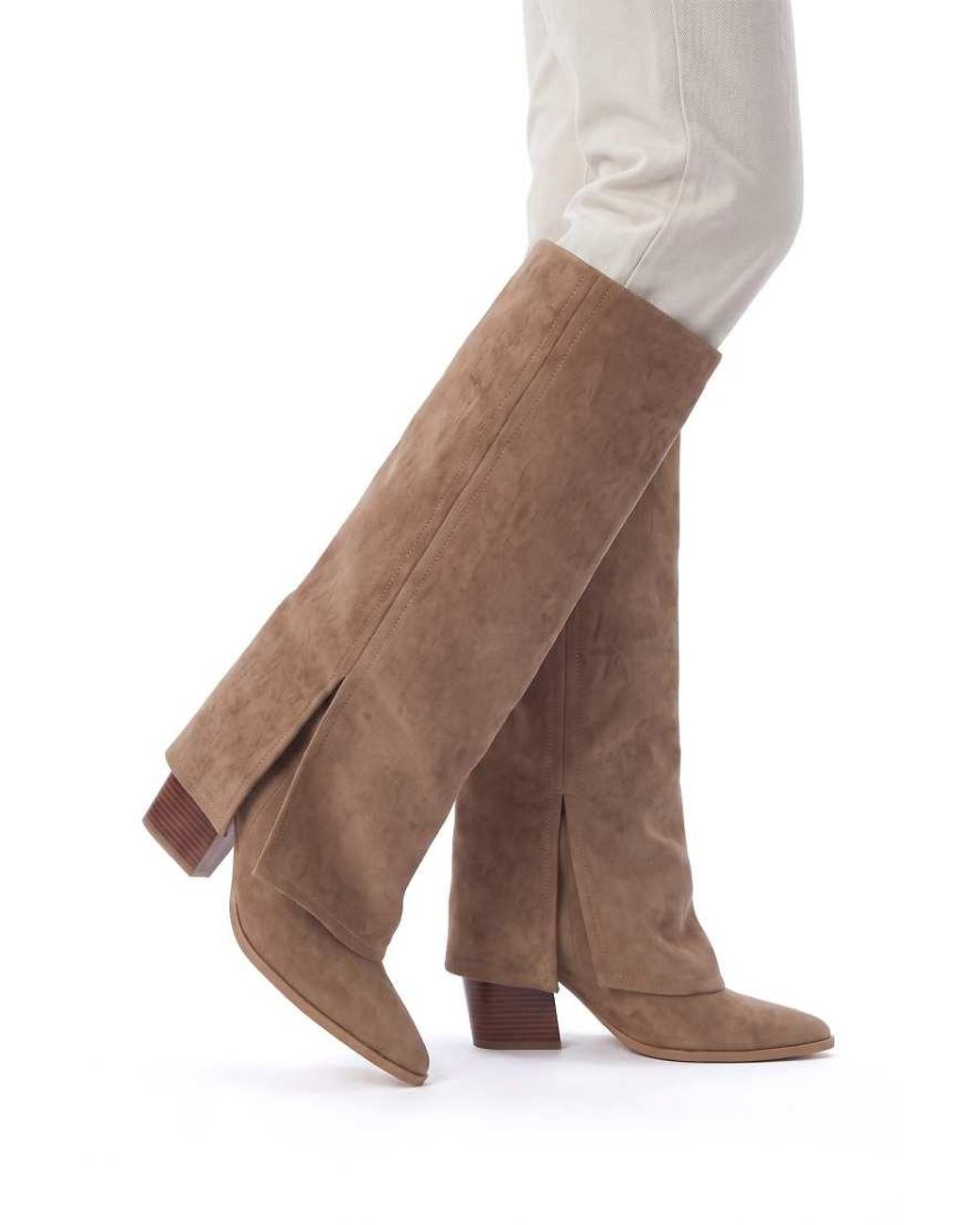 SEQWL Brown Fold Over Knee High Boots With Pointed Toe And Block Heel