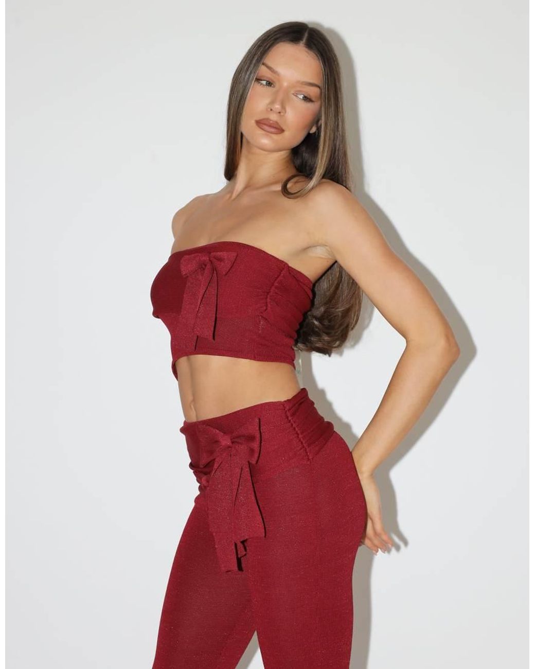 SIMMI Red Calista Bow Knit Off-Shoulder Top
