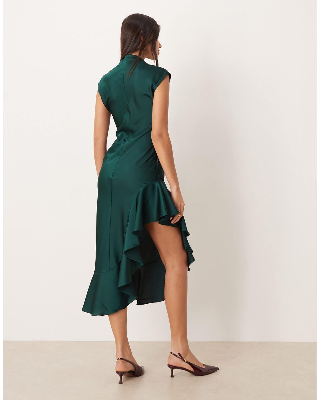 Ghospell Satin High Neck Ruffle Trim Thigh Split Midi Dress in Blue | Lyst
