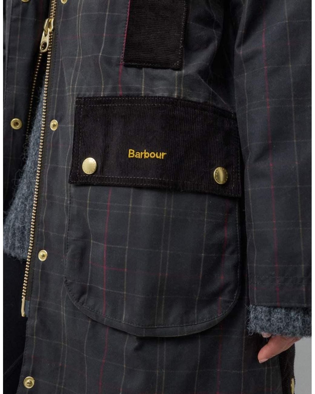 Barbour Gray Icons Beaufort Reimagined Long Wax Tartan Check Jacket
