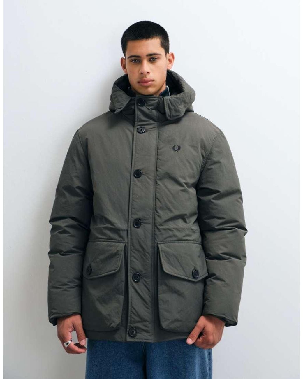 Fred Perry Gray Padded Patch Pocket Parka for men