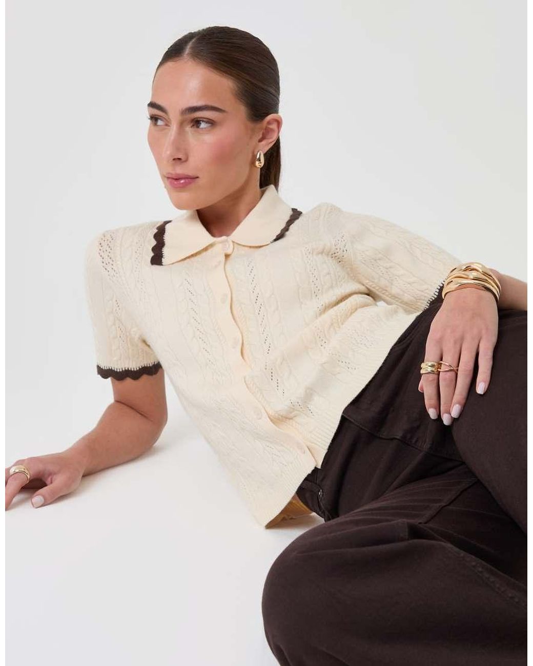 Threadbare Natural Cable Knit Scallop Trim Polo
