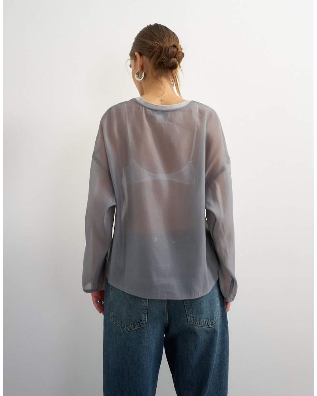 TOPSHOP Gray Organza Crew Neck Oversized Top