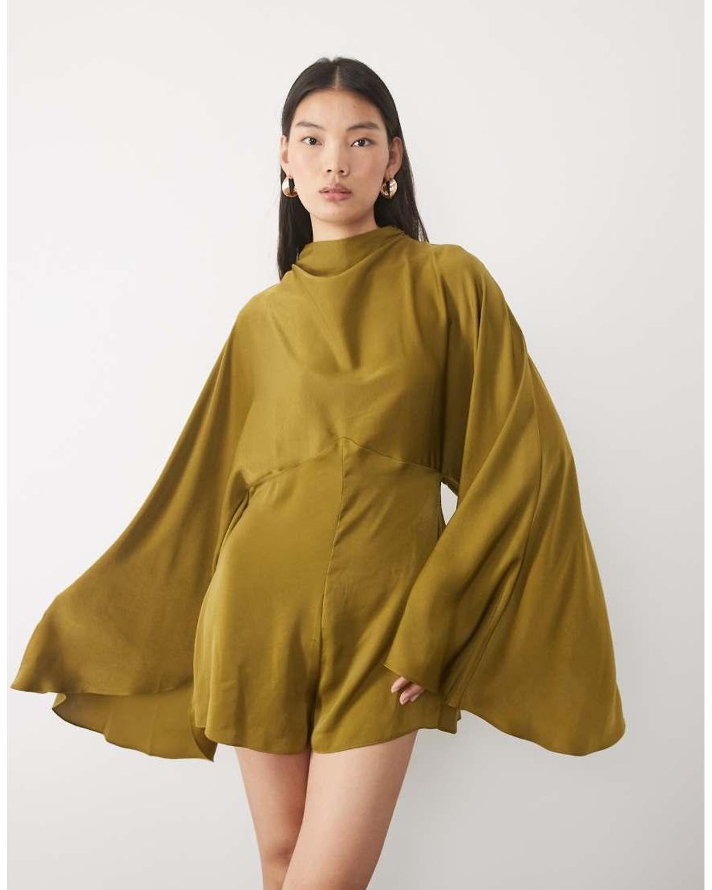 ASOS Green Satin Batwing Playsuit With Extreme Sleeve