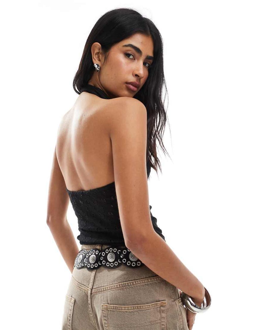 Miss Selfridge Black Crochet Jersey V Neck Halter Top