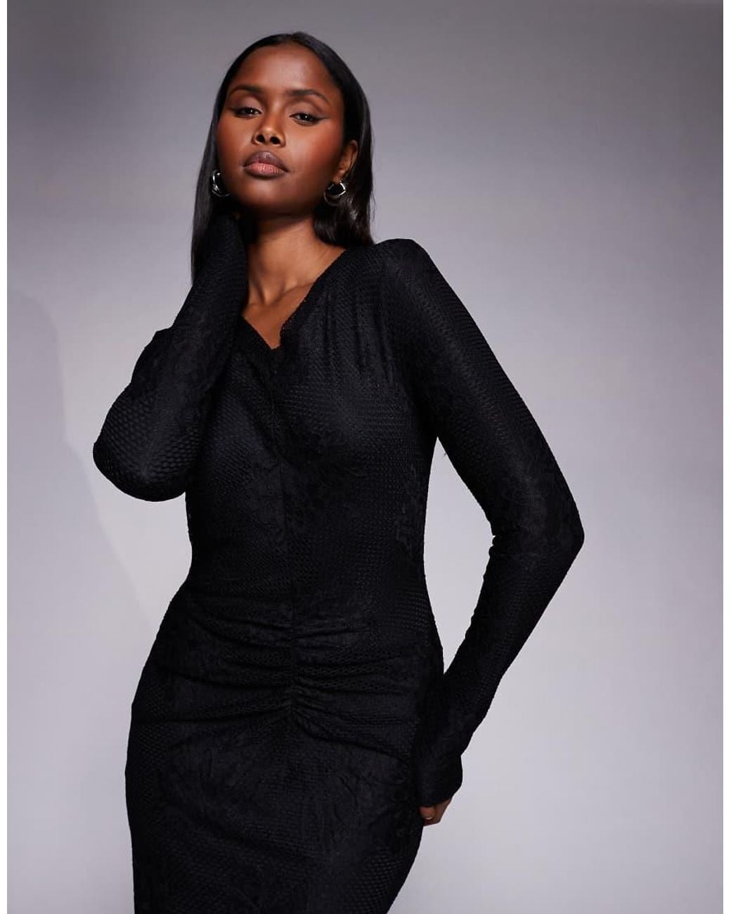 DASKA Black Lace Cowl Neck Ruched Detail Maxi Dress