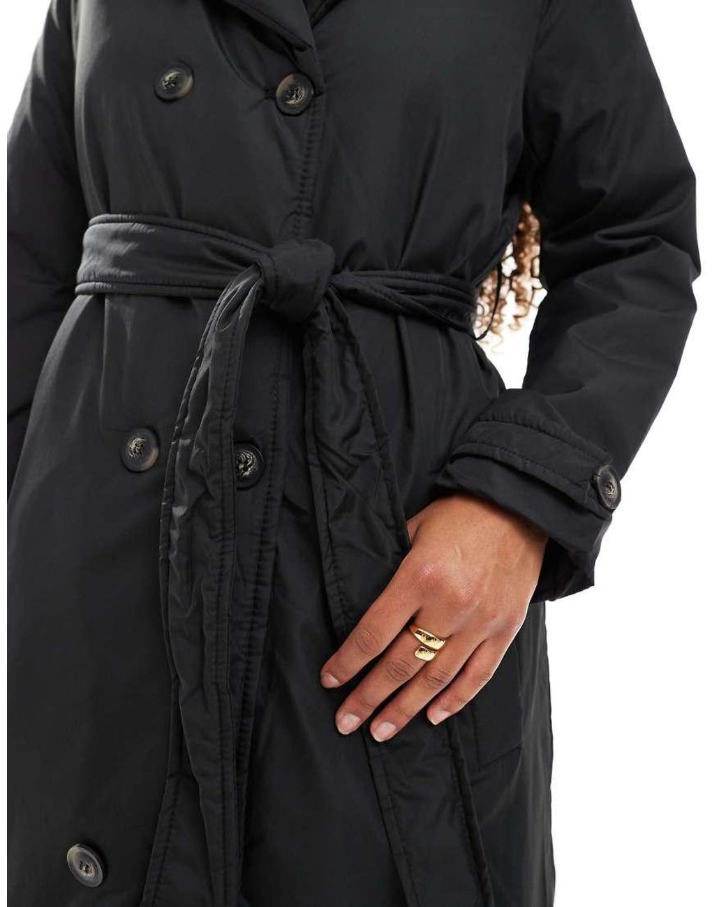 Brave Soul Black Long Double Breasted Padded Coat With Belt