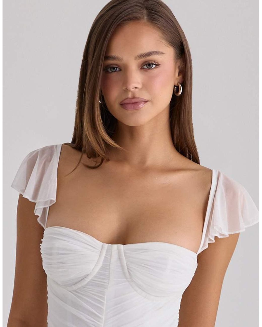 House Of Cb White Antonella Gathered Mesh Maxi Dress