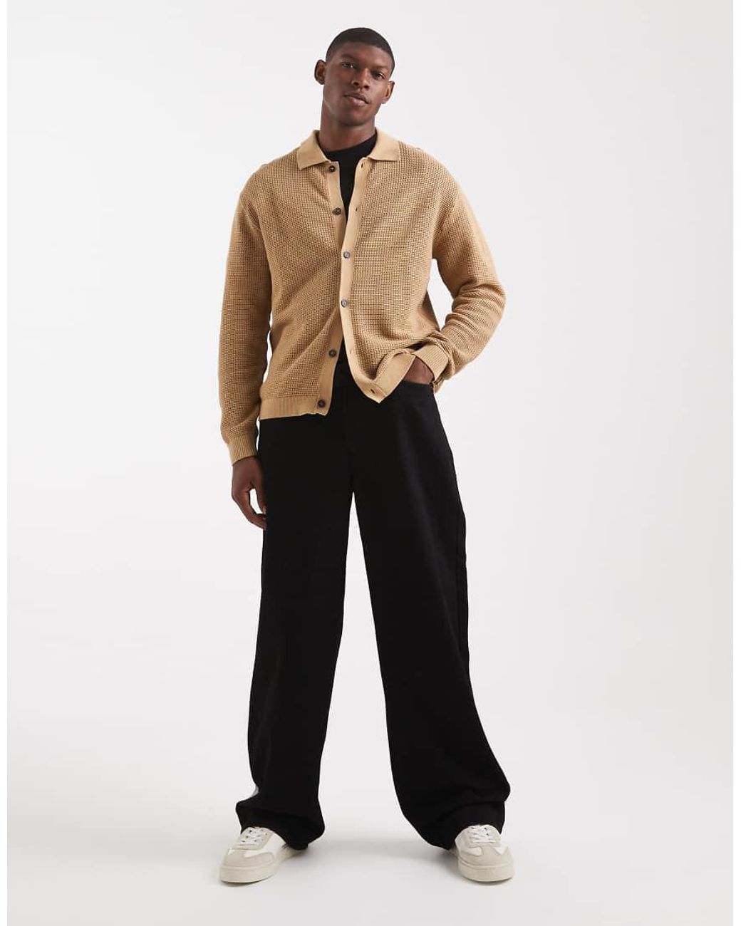 Redefined Rebel Natural Knitted Button Up Polo Cardigan for men