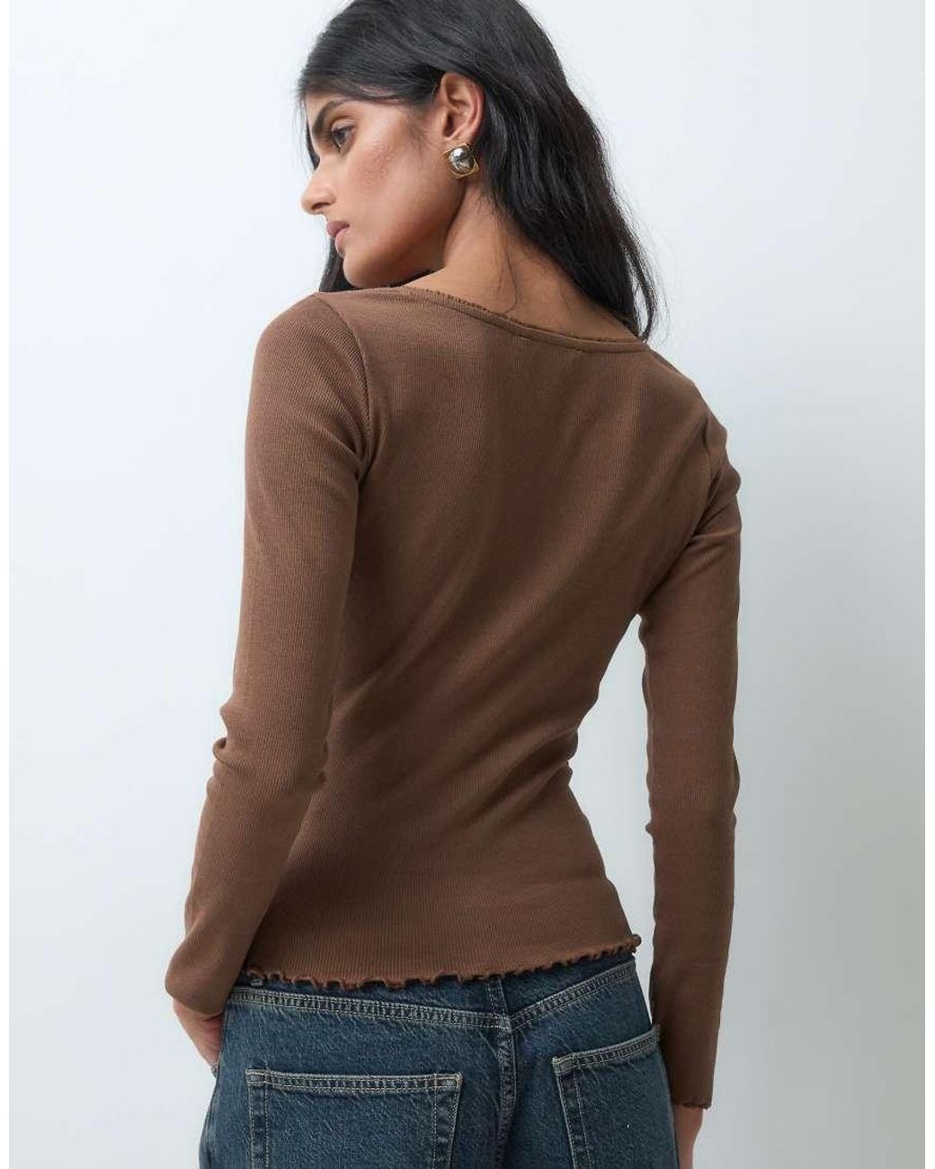 Miss Selfridge Brown Ruffle Edge Square Neck Top