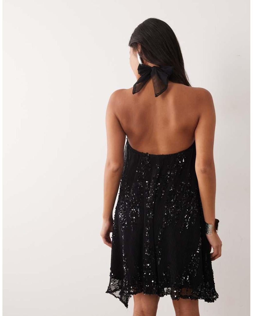 TFNC London Black Pleated Sequin Halter Neck Mini Dress